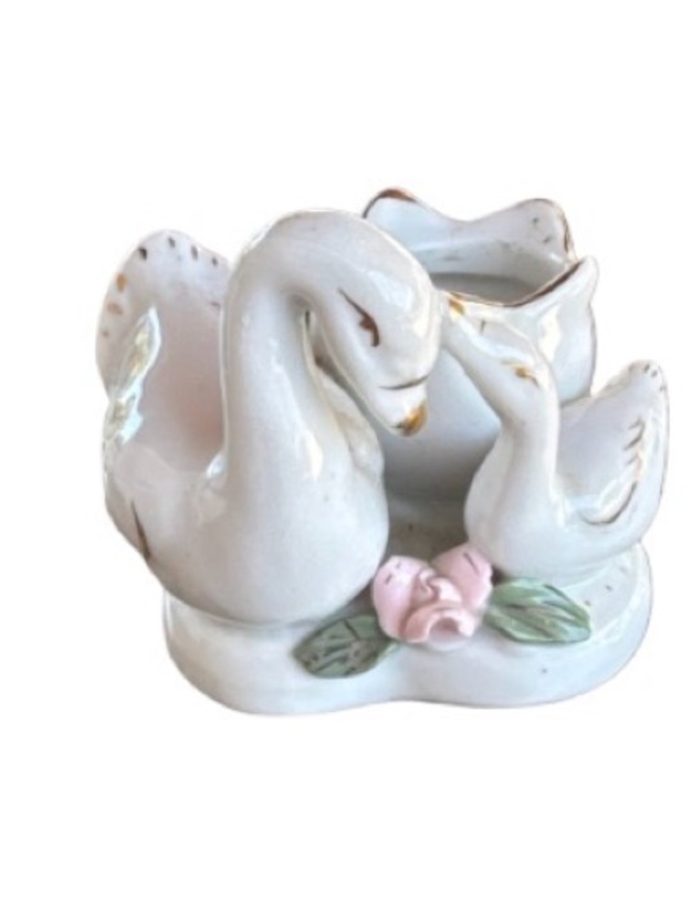 Porcelain Swan Figurine candle taper holder with Pink Rose Accent